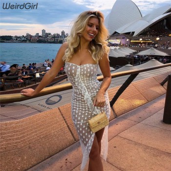 Weirdgirl Women see through Fashion dresses mesh sexy party sash neck Sleeveless fit and flare Bodycon Dress Summer Vestido 2019